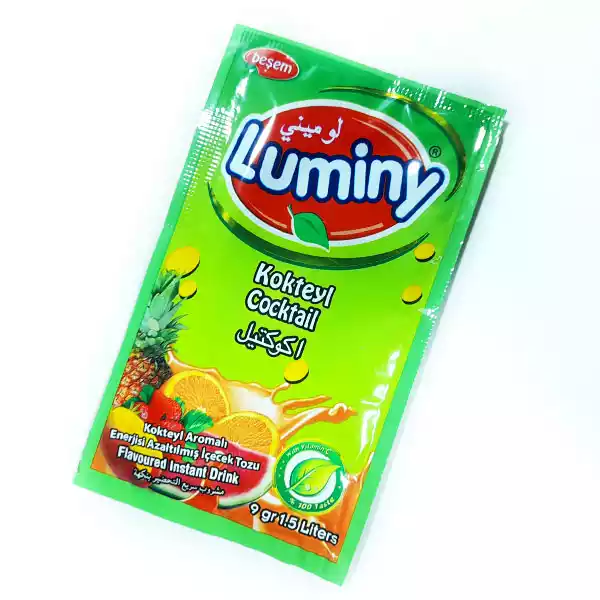 Refresco instantaneo sabor Coctel Variado LUMINY - Rinde 1,5 L Refrescos instantáneos LUMINY – Sabores Manzana, Naranja, Fresa, Piña, Mango, Cola y Coctel (Rinde 1,5 L)