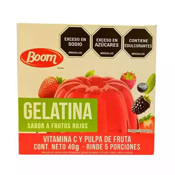 Gelatina de frutos rojos Gelatina de sabores variados, fresa, naranja, mandarina, frutos rojos y uva BOOM (40 g)