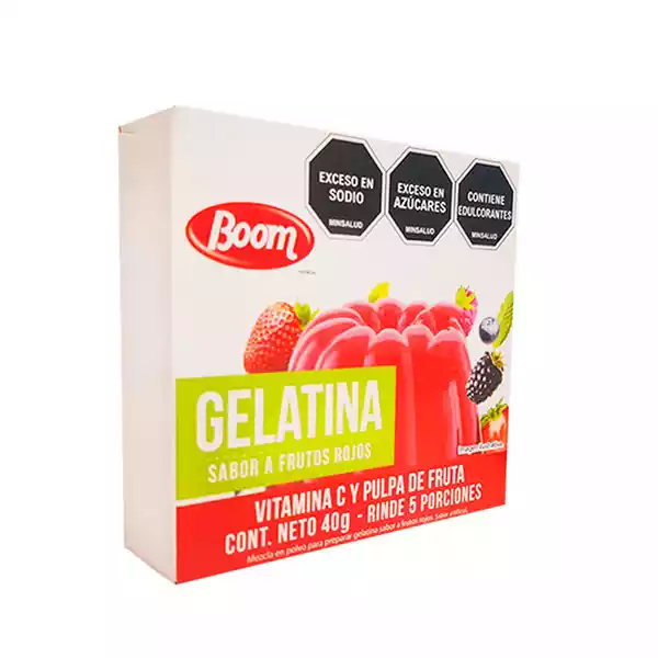 gelatina de fresa BOOM 40 g a Gelatina de sabores variados, fresa, naranja, mandarina y uva BOOM (40 g)