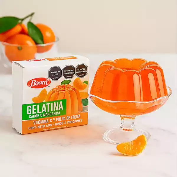 gelatina de mandarina BOOM 40 g 3 Gelatina de sabores variados, fresa, naranja, mandarina y uva BOOM (40 g)