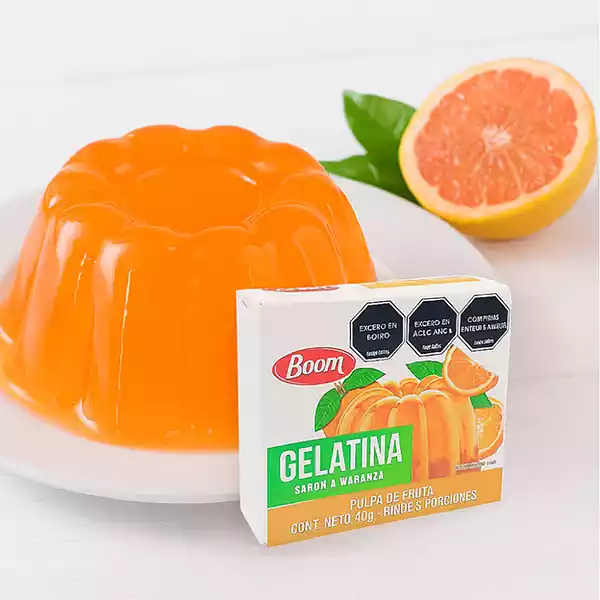 gelatina de naranja BOOM 40 g 3 Gelatina de sabores variados, fresa, naranja, mandarina y uva BOOM (40 g)
