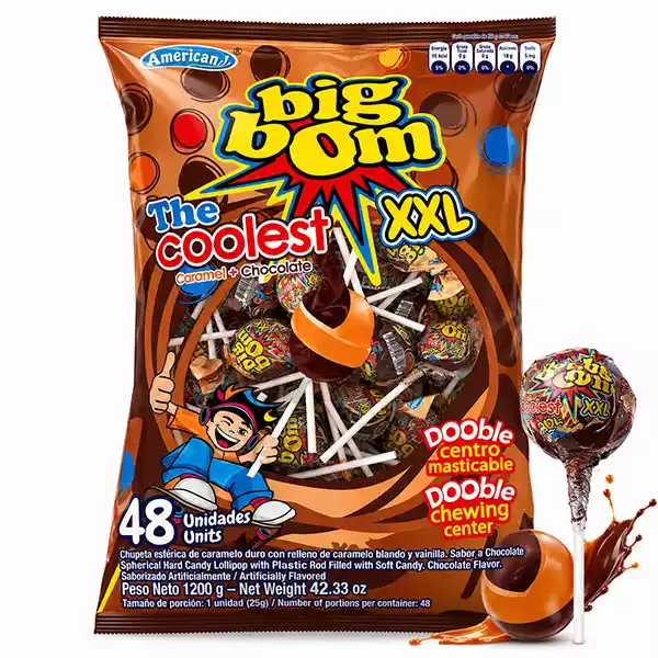 Chupa Chupa de Chocolate relleno con caramelo blando Chupetas Gigantes sabor Chocolate y Caramelo BIG BOM The Coolest XXL (48 uds / 1200 g)