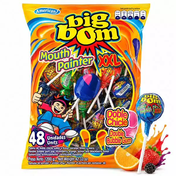 Chupa Chupa de sabores mixtos Chupetas Gigantes con Doble Chicle BIG BOM Mouth Painter XXL – Sabores surtidos (48 uds / 1200 g)