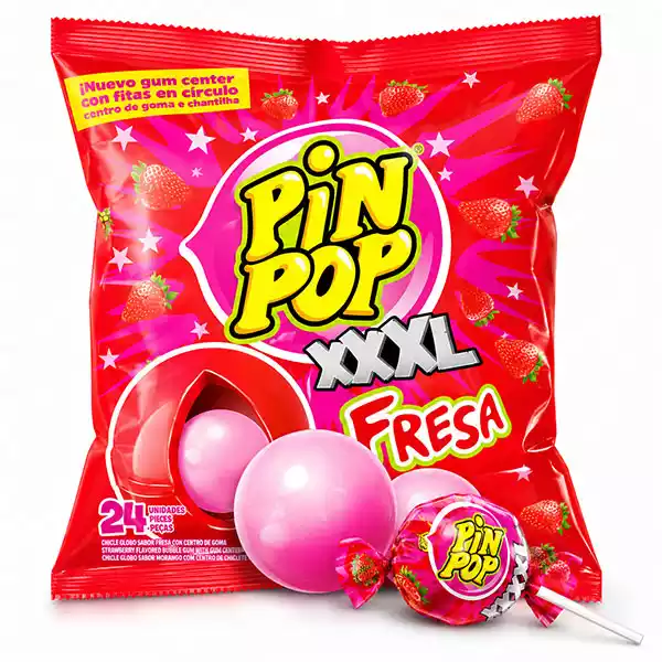 Chupa Chupas Gigantes sabor Fresa PIN POP XXXL – con Centro de Chicle (24 uds)
