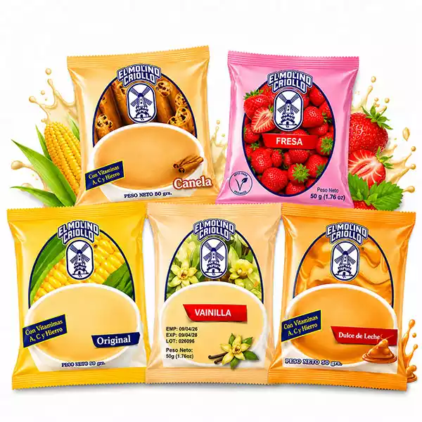 Maicena EL MOLINO CRIOLLO – Preparado en polvo para bebida (50 g) → "Sabor": Original / Vainilla / Fresa / Canela / Dulce de Leche