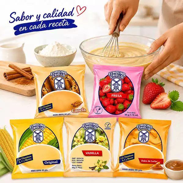 Maicena EL MOLINO CRIOLLO – Preparado en polvo para bebida (50 g) → "Sabor": Original / Vainilla / Fresa / Canela / Dulce de Leche