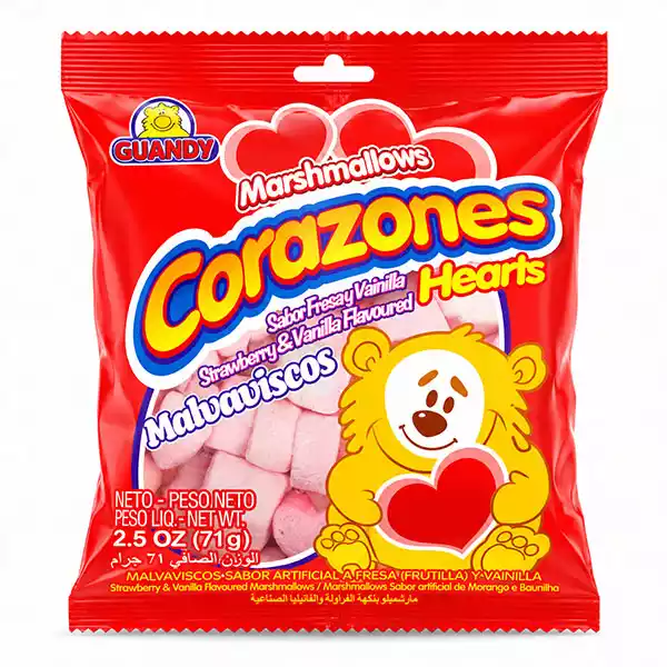 Malvadiscos en forma de corazones Malvaviscos Corazones sabor Fresa y Vainilla GUANDY (71 g)