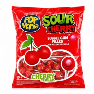 Chupetas Cereza con Chicle POP MANIA Sour Cherry (Bolsa 48 uds / 672 g)