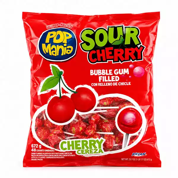 ChupaChupas SOUR Chupetas Cereza con Chicle POP MANIA Sour Cherry (Bolsa 48 uds / 672 g)