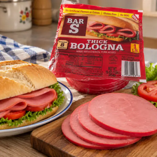 Bologna en sándwich sobre tabla de cocina_resultado Mortadela Bologna Bar-S 1 lb (de pollo y cerdo, sin gluten)