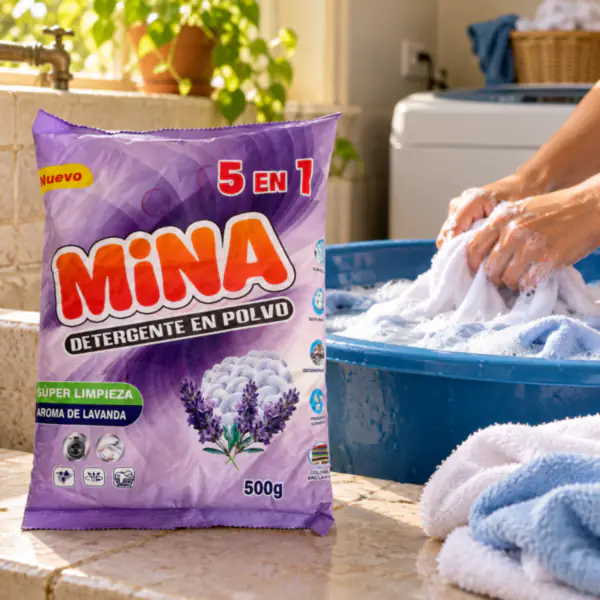 Detergente MiNA en acción_resultado Detergente en Polvo Mina 5 en 1 Lavanda — Bolsa 500g