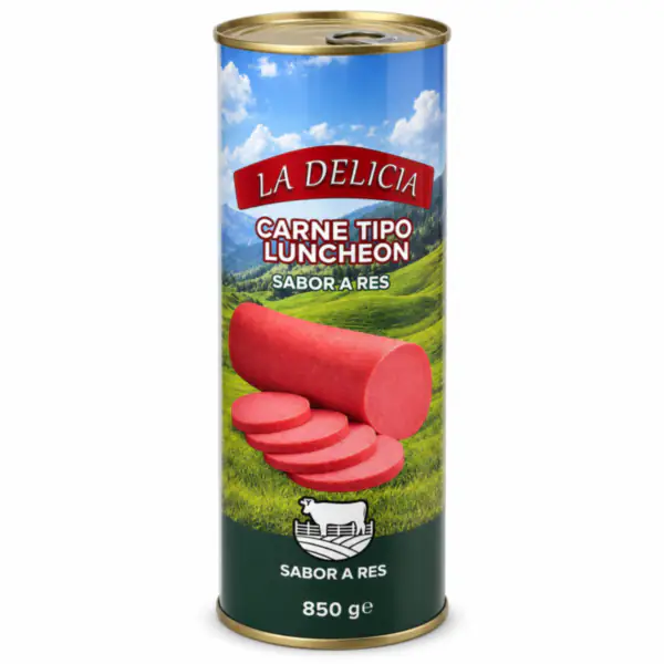 Lata dorada Carne Tipo Luncheon_resultado Carne tipo Luncheon Sabor a Res LA DELICIA (Lata grande 850 g)